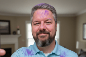 Man faces the camera in a blue polo shirt. Purple sand is dusted across his body.